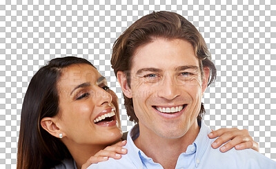 Buy stock photo Happy, love and portrait of couple laugh together on isolated, png and transparent background. Relationship, marriage and face of man and woman hugging, embrace and bonding for valentines day romance