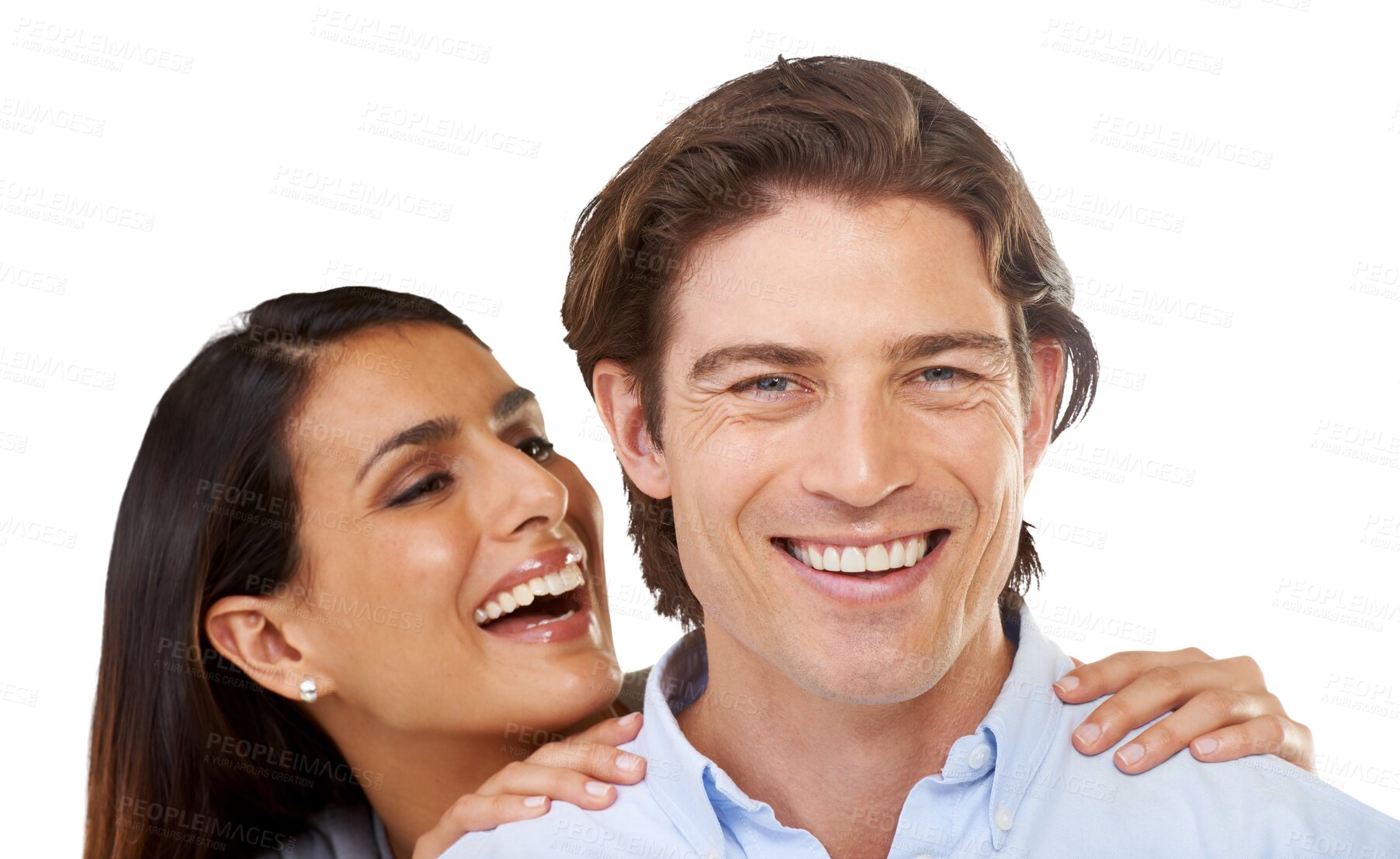 Buy stock photo Happy, love and portrait of couple laugh together on isolated, png and transparent background. Relationship, marriage and face of man and woman hugging, embrace and bonding for valentines day romance