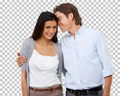 Buy stock photo Romance, love and portrait of couple hug with smile on isolated, png and transparent background. Relationship, marriage and happy man and woman hugging, embrace and intimate for valentines day date