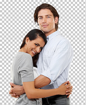 Happy, love and couple hugging in studio for intimacy, affection and care for anniversary. Happiness, smile and portrait of young man and woman embracing for romance and bonding by a isolated on a png background