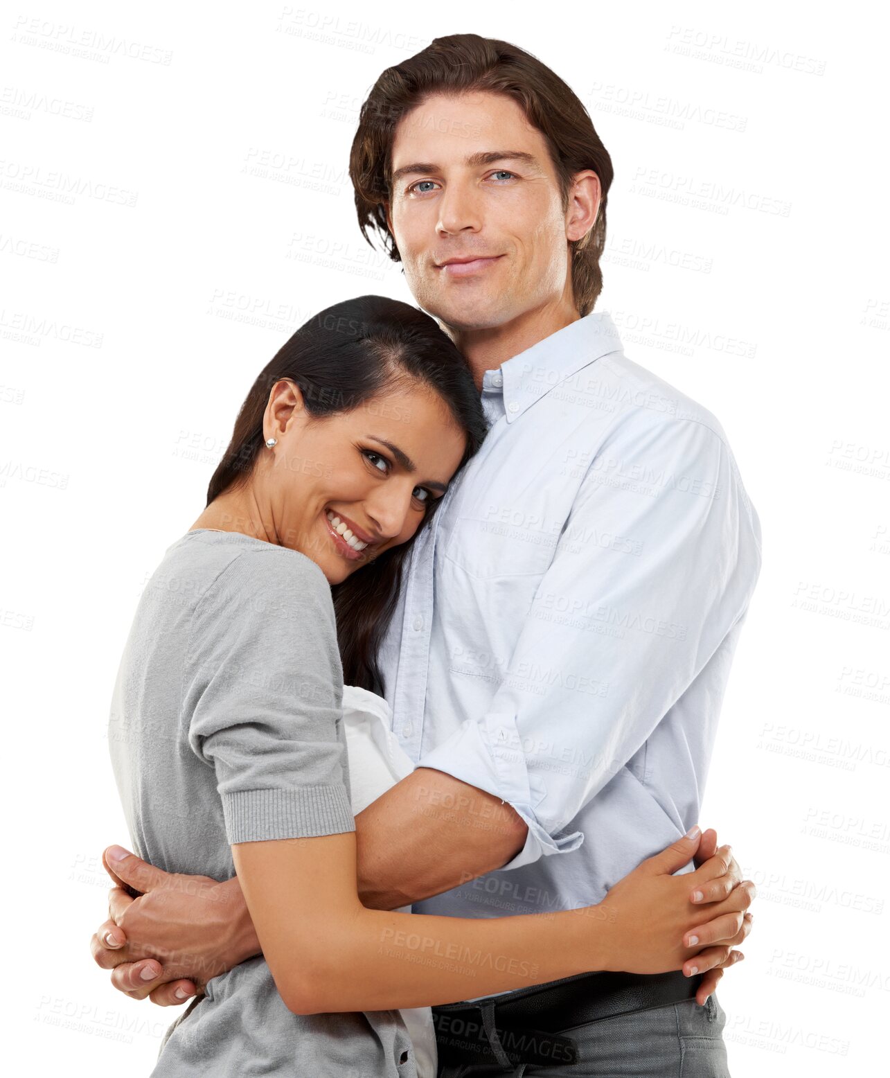 Buy stock photo Romance, love and portrait of couple hug together on isolated, png and transparent background. Relationship, marriage and happy man and woman hugging, embrace and smile for commitment, trust and care