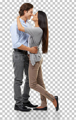 Couple, hug and embracing affection for valentines day or relationship isolated on a png background. Happy man and woman hugging and enjoying loving romance for the special month of love