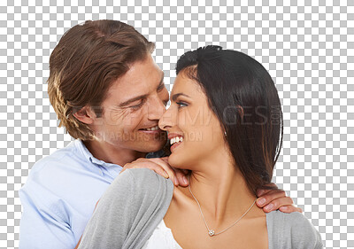 Buy stock photo Couple, smile and love with happy and relax bonding isolated on a transparent, png background. Interracial, romance and man hugging woman for valentines day, embrace or sweet relationship moment 