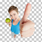 Portrait, apple and thumbs up with a woman for health from above. Yes, diet and hand sign with a young female posing to promote nutrition or weightloss isolated on a png background