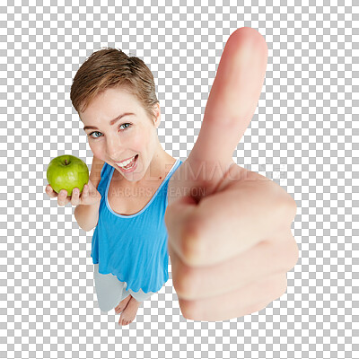 Buy stock photo Top view, fitness and woman with an apple, thumbs up and smile isolated against transparent studio background. Face, female athlete and person with gesture for approval, support and healthy lifestyle
