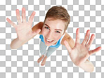 Top view, hands and portrait of woman with smile for announcement, surprise and deal. Copy space, mockup and face of girl isolated in studio showing palms, hand gesture and sign isolated on a png background