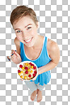 Portrait, breakfast and diet with a woman for health from above. Food, muesli and overhead with an attractive young female eating healthy for nutrition isolated on a png background