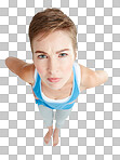 Top view, angry and portrait of confused woman with attitude, hands on hip and anger. Body language, mockup space and face of upset, annoyed and frustrated girl isolated on a png background
