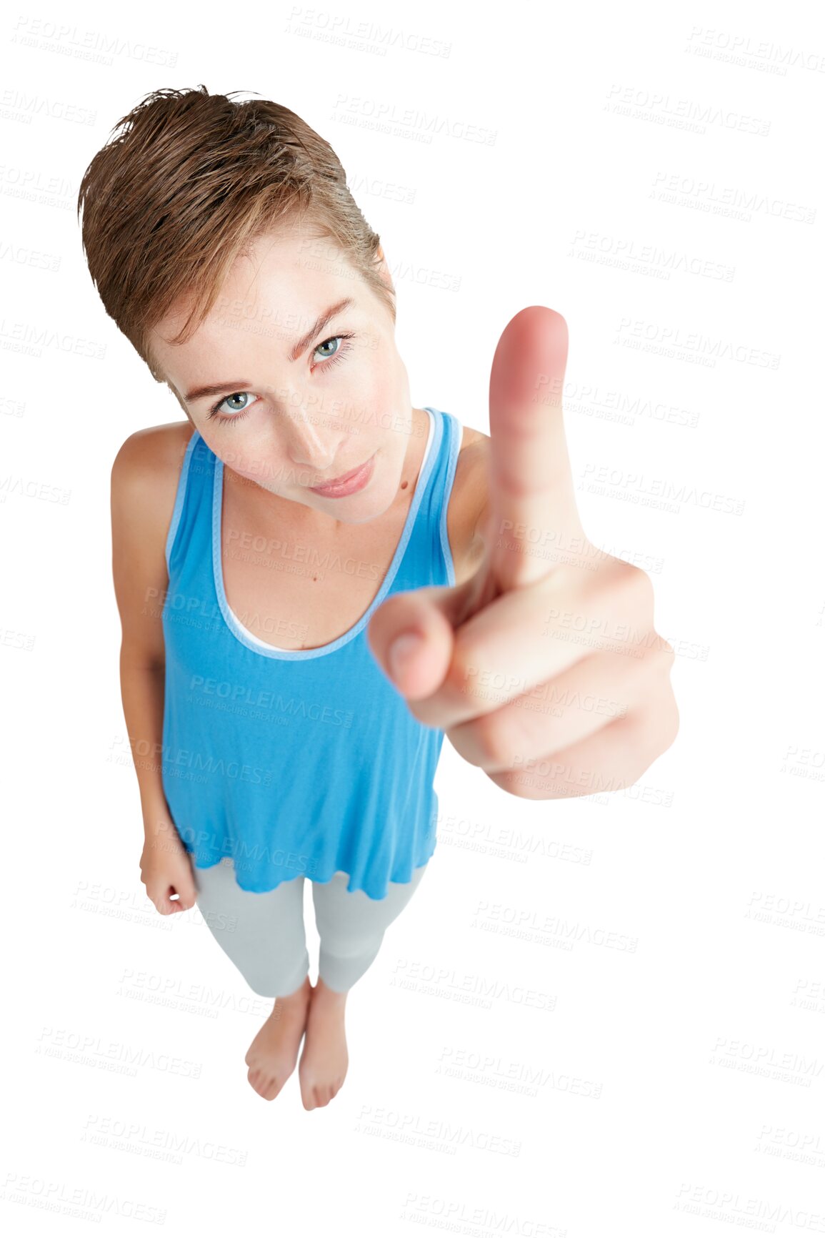Buy stock photo Portrait, top view and woman pointing, angry and frustrated with model isolated against a transparent background. Face, female athlete and person with gesture for direction, png and serious lady