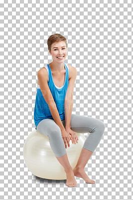 Portrait, training and exercise ball with a woman for a workout. Fitness, wellness and health with an attractive young female on blank space for aerobics isolated on a png background