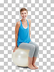 Portrait, training and exercise ball with a woman for a workout. Fitness, wellness and health with an attractive young female on blank space for aerobics isolated on a png background