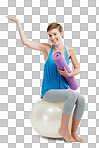 Fitness, palm and woman balance ball and product placement mockup. Happy pilates, exercise or workout person with yoga sports portrait and hand advertising in isolated on a png background