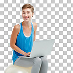 Yoga ball, laptop and woman doing a wellness exercise while working on a project. Happy, smile and portrait of a female doing pilates for health with computer isolated on a png background