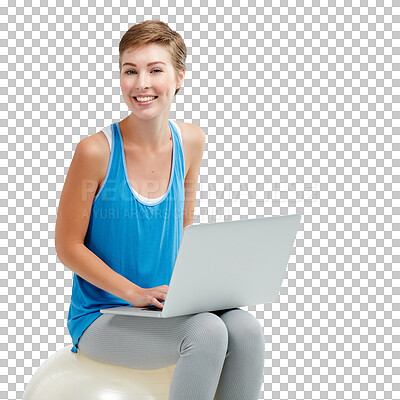 Buy stock photo Exercise ball, laptop and portrait of woman isolated on transparent, png background pilates or workout. Happy yoga or fitness person on computer for sports website, online tutorial or training tips