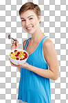 Breakfast, fruit and portrait of a woman in studio eating snack, meal or craving for nutrition. Happy, smile and young female model enjoying healthy granola for wellness isolated on a png background