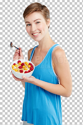 Buy stock photo Breakfast, fruit and portrait of woman on png background for nutrition, morning and diet. Happy, health and wellness with female and muesli isolated on transparent for cereal, food and snack