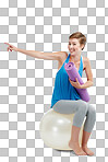 Pilates, pointing and woman with balance ball for product placement on mockup. Happy fitness, exercise or workout person or yoga sports portrait show mockup in isolated on a png background