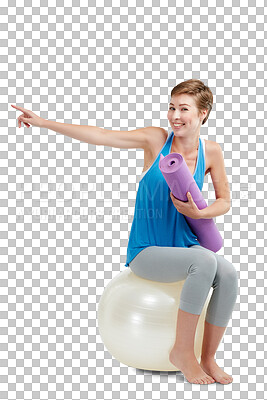 Buy stock photo Fitness, pointing and yoga portrait of woman isolated on transparent, png background and balance ball for wellness. Happy pilates, exercise or workout person with sports, health and hand presentation