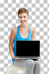 Blank laptop, fitness and woman on a balance ball and pc screen mockup. Smile of person portrait with computer mock up space and advertising or product placement isolated on a png background