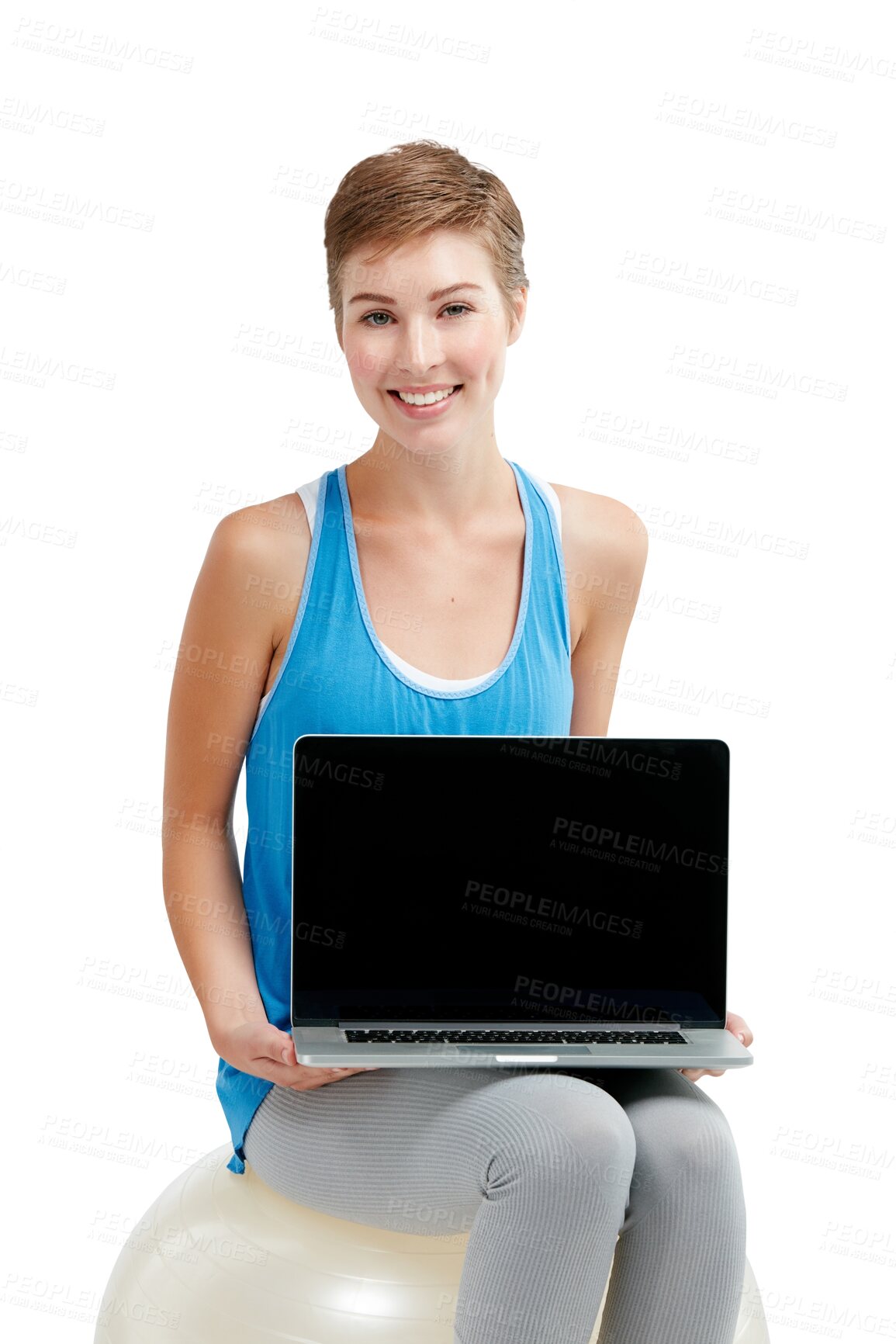Buy stock photo Laptop screen, pilates and woman isolated transparent, png background on balance ball, gym and website advertising. Happy portrait of fitness person on computer presentation, online and mockup space