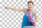 Yoga, pointing and woman with training gear for product placement on mockup. Happy fitness, exercise or workout person in pilates, sports portrait show space in isolated on a png background
