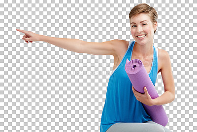 Buy stock photo Yoga, pointing and portrait of woman isolated on a transparent, png background happy exercise, fitness or training sale. Pilates, sports gear and workout face of a young person and hand presentation