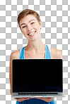 Laptop mockup, portrait and woman with technology screen for product placement. Happy young model or person face with computer screen mock up for advertising in isolated on a png background