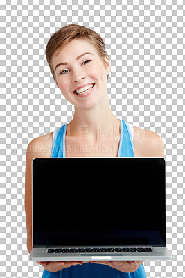 Buy stock photo Laptop screen, portrait and woman isolated transparent, png background with happy website, online advertising or space. Face of young person or model on computer, product placement or software mockup
