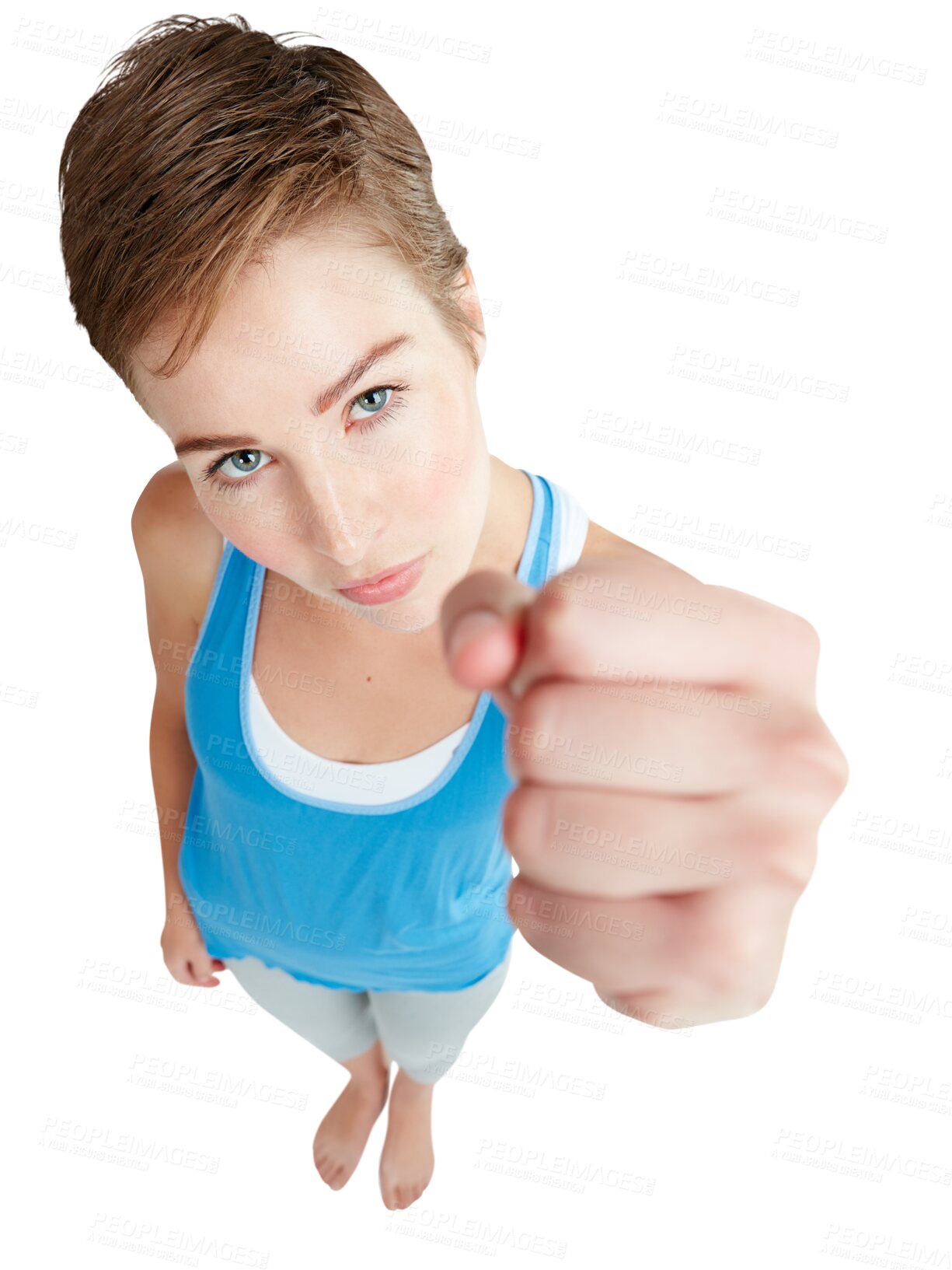 Buy stock photo Top view portrait, woman and fist for anger, fight and martial arts by png background with exercise clothes. Girl, isolated model and hand sign for conflict, boxing and power with frustrated face