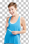 Portrait, thumbs up and pregnancy test with a woman for prenatal health. Pregnant, positive and emoji with an attractive young mother to be on blank space isolated on a png background
