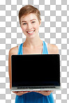 Blank laptop, portrait and woman with mockup space for product placement. Happy young model or person face with computer screen or mock up for advertising in isolated on a png background
