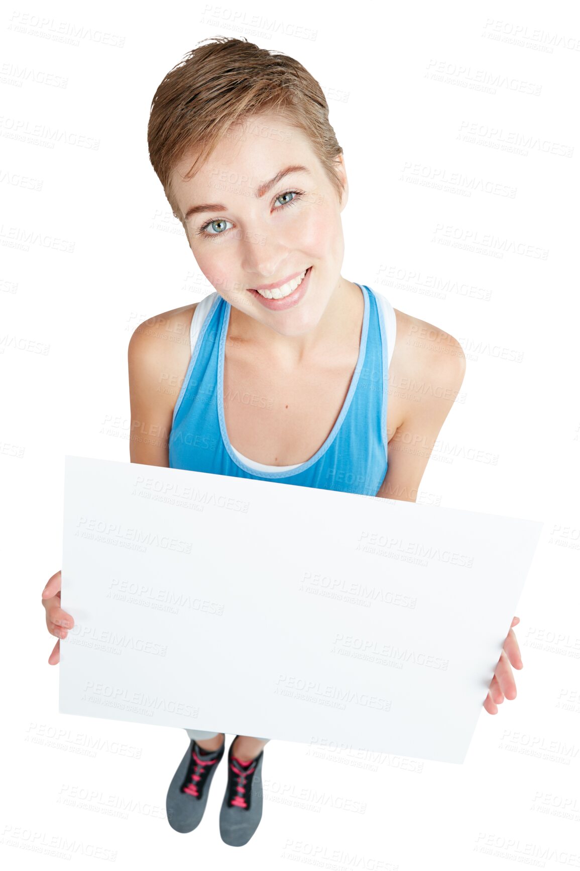 Buy stock photo Top view portrait, woman and blank poster with smile for opinion, vote and sport mockup by png background. Girl, isolated model and paper billboard with mock up space for brand, health and wellness