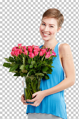 Buy stock photo Woman, portrait and vase for flowers, present and smile by png background with happiness for romance. Girl, isolated model and bouquet of roses, plants and happy for valentines day, birthday and gift
