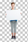 Announcement, news and portrait of a woman with a board. Billboard, branding and girl holding a blank mockup banner with space for advertising on a backdrop isolated on a png background