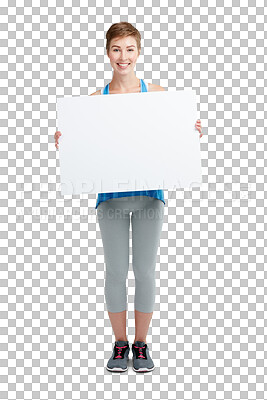 Buy stock photo Portrait, woman and blank poster for fitness opinion, vote and sport mockup for logo by png background. Isolated model, paper billboard and mock up space for branding, health and wellness of body
