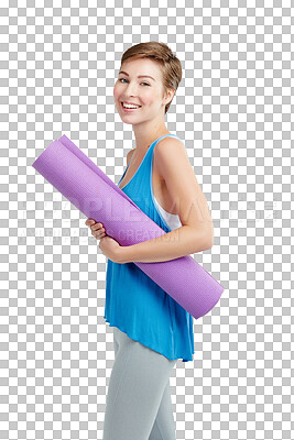 Buy stock photo Fitness, yoga mat and portrait of woman isolated on transparent, png background and gym, workout and exercise. Happy face of young pilates, health or holistic person in sports gear to start training