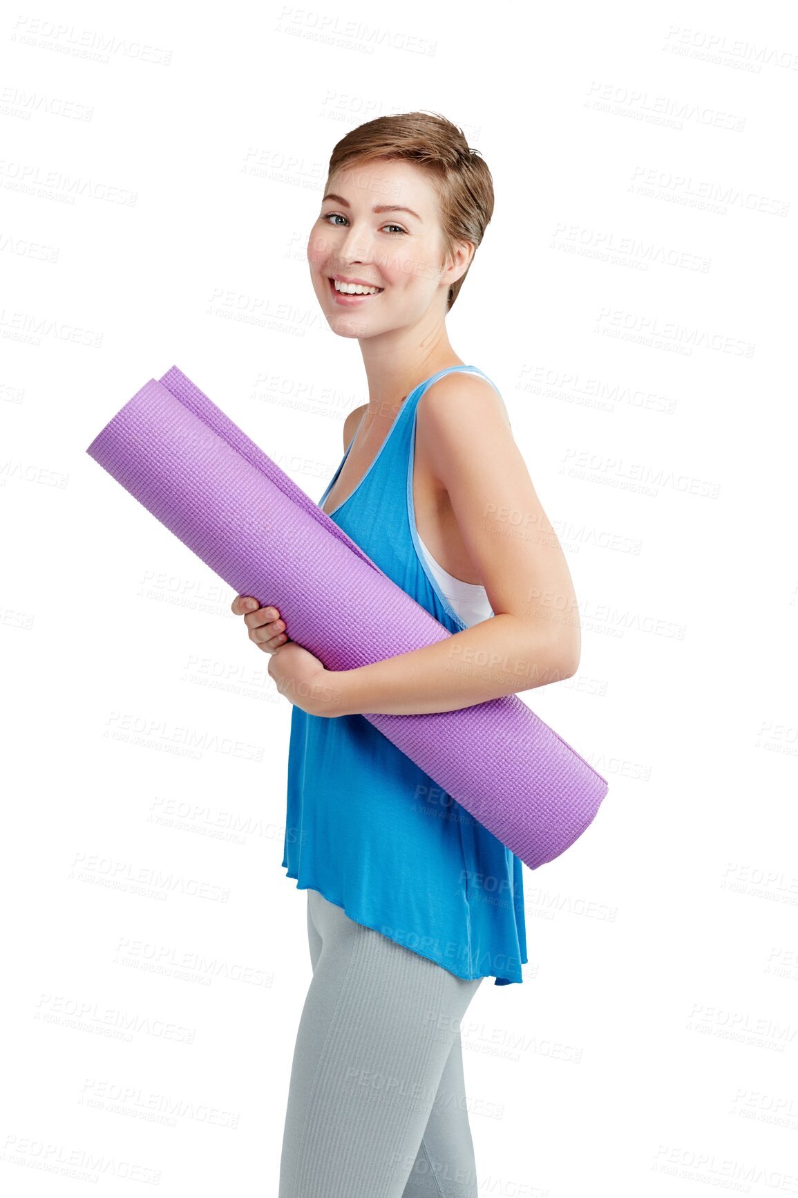 Buy stock photo Fitness, yoga mat and portrait of woman isolated on transparent, png background and gym, workout and exercise. Happy face of young pilates, health or holistic person in sports gear to start training