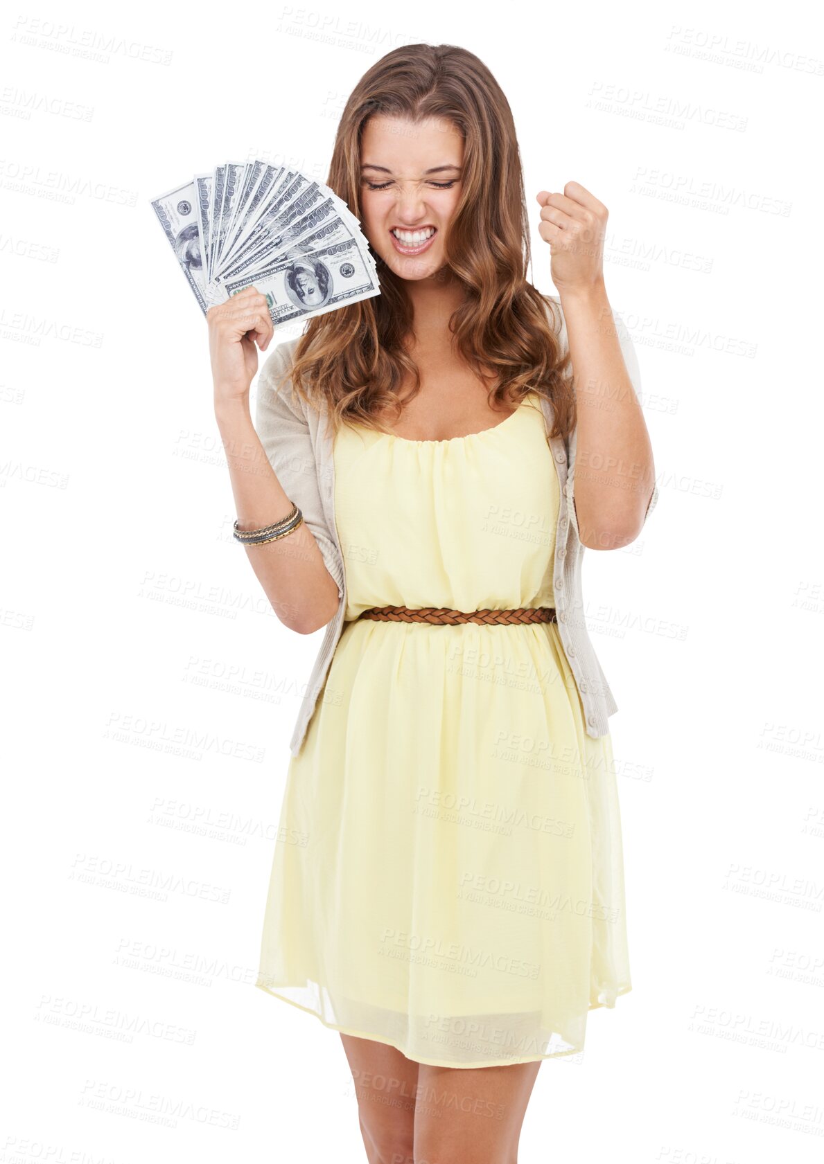 Buy stock photo Money, winner and PNG with a woman isolated on a transparent background after winning the lottery. Cash, finance and investment with an attractive young female celebrating an interest payment