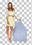 Full-length portrait of a confident young woman standing beside a prop of a house isolated on a png background