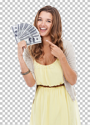 Buy stock photo Portrait, pointing to money and PNG with a woman isolated on transparent background after winning the lottery. Cash, finance and investment with an attractive young female showing an interest payment