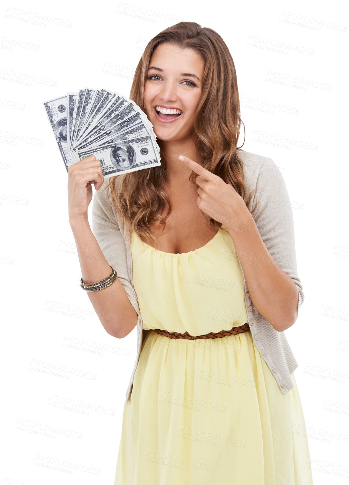 Buy stock photo Portrait, pointing to money and PNG with a woman isolated on transparent background after winning the lottery. Cash, finance and investment with an attractive young female showing an interest payment