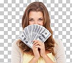 A beautiful young money holding money isolated on a png background