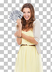 Studio shot of a beautiful young woman holding currency in her hand isolated on a png background