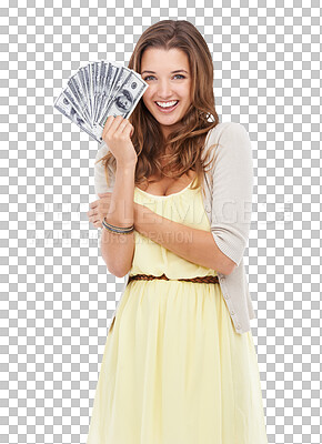 Buy stock photo Portrait, money and PNG with a woman isolated on a transparent background after winning the lottery. Cash, finance and investment with an attractive young female holding a financial interest payment