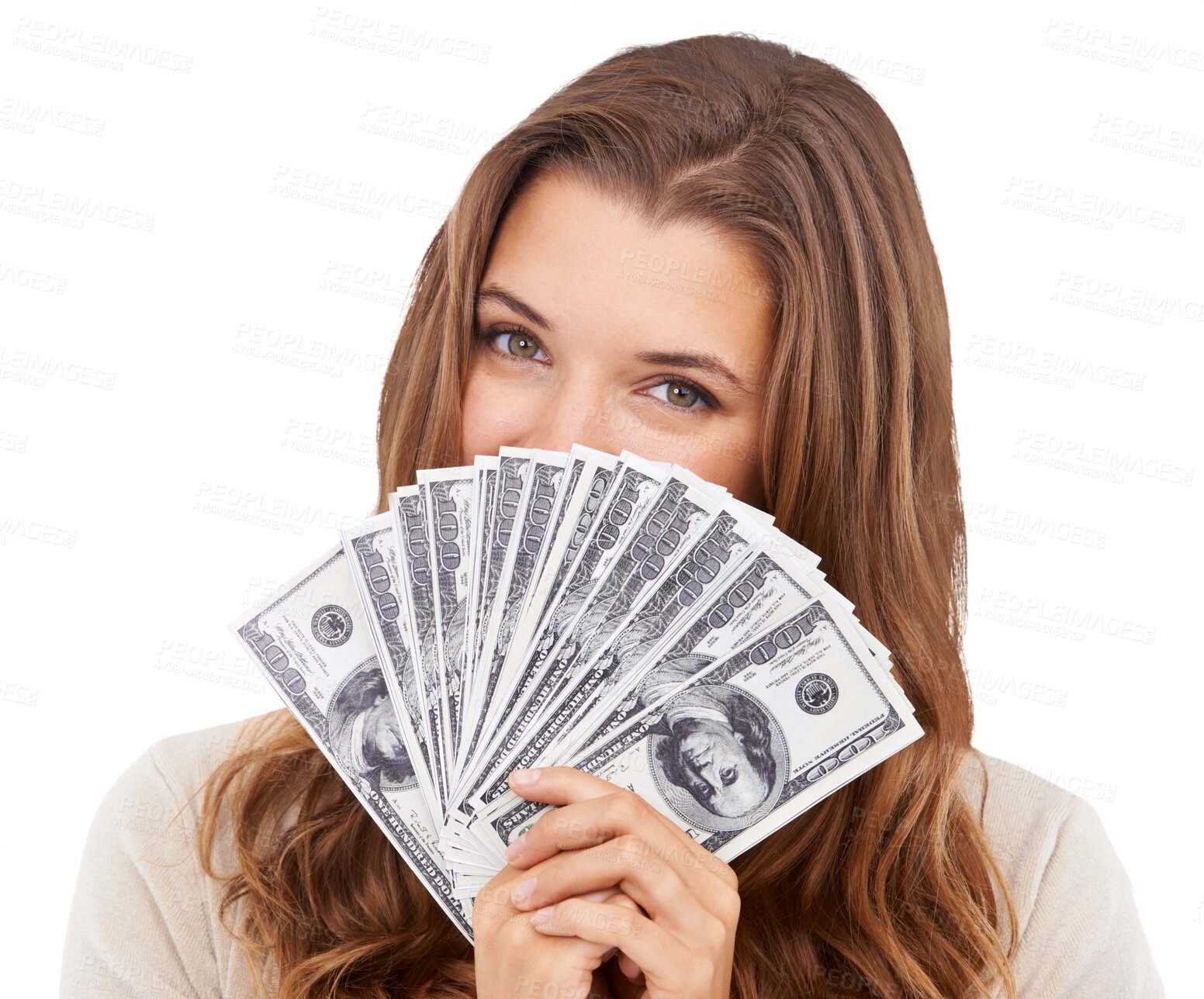 Buy stock photo Cash, portrait and eyes PNG with a woman isolated on a transparent background after winning the lottery. Money fan, finance and investment with a hiding female celebrating a dollars interest payment