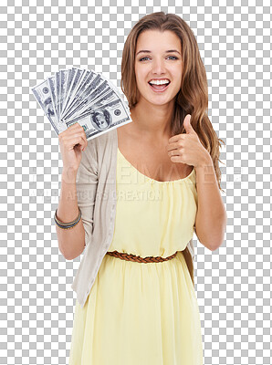 Buy stock photo Money, thumbs up portrait and PNG with a woman isolated on a transparent background after winning the lottery. Cash, finance and investment with an attractive young female celebrating a payment