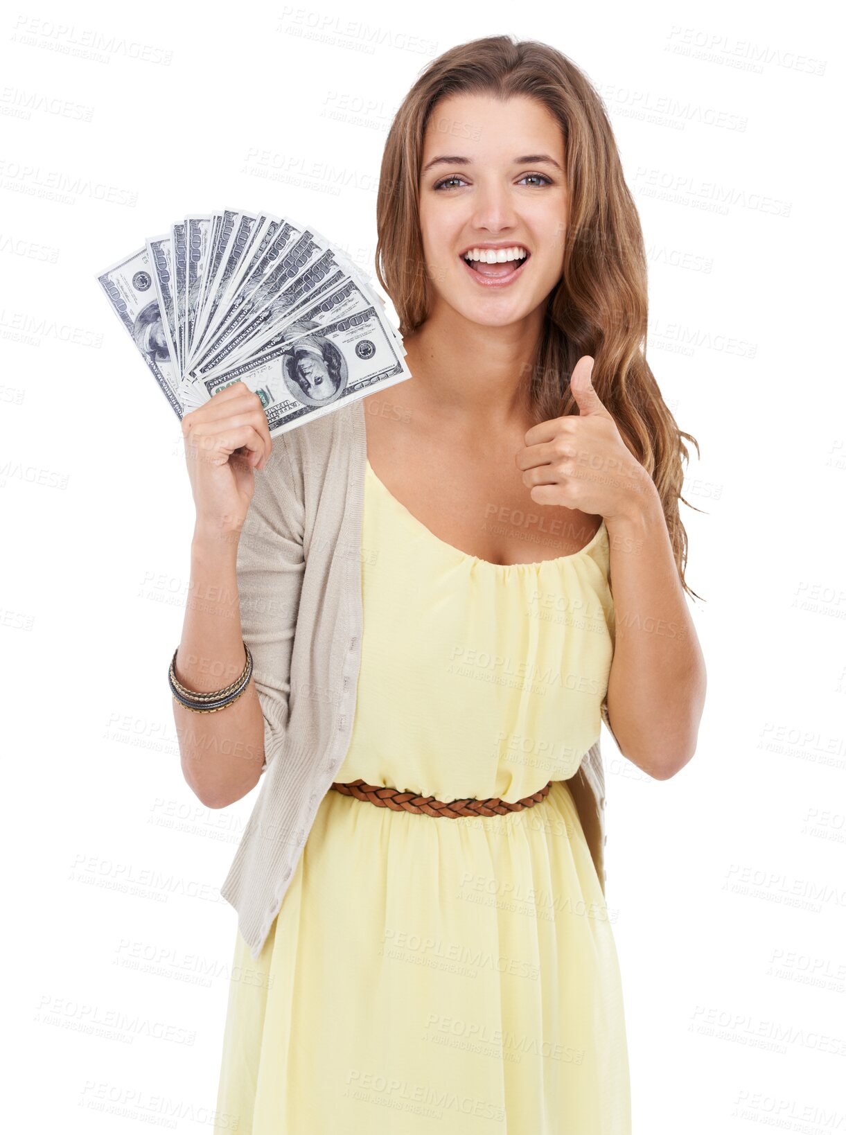 Buy stock photo Money, thumbs up portrait and PNG with a woman isolated on a transparent background after winning the lottery. Cash, finance and investment with an attractive young female celebrating a payment