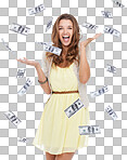 Portrait of an ecstatic young woman standing in studio with money dropping around her isolated on a png background