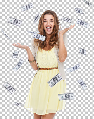 Buy stock photo Portrait, money rain and woman excited, winning and prize money with lady isolated against a transparent studio background. Face, female winner or person with cash, victory with competition and smile