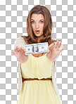 Studio portrait of a cute woman holding out a dollar bill isolated on a png background	